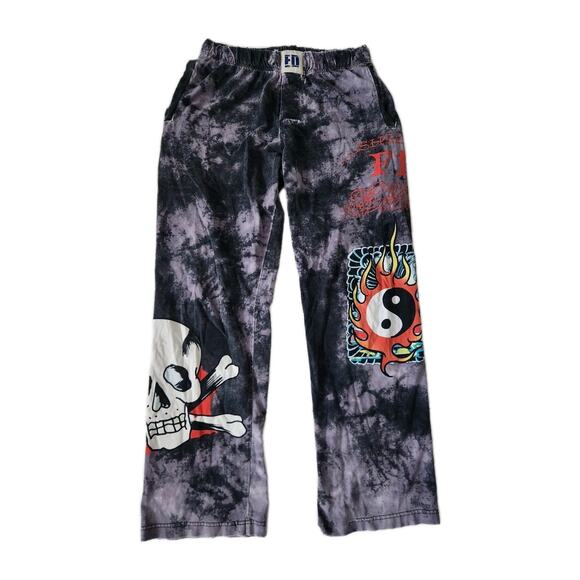 Vintage Y2K Ed Hardy Distressed Tie Dye Tattoo Printed Pajama Pants Sz Small - Picture 1 of 8